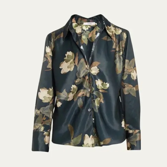 $495 Vince Floral Camellia Branch silk satin shirt blue white workwear Revolve - Picture 8 of 15